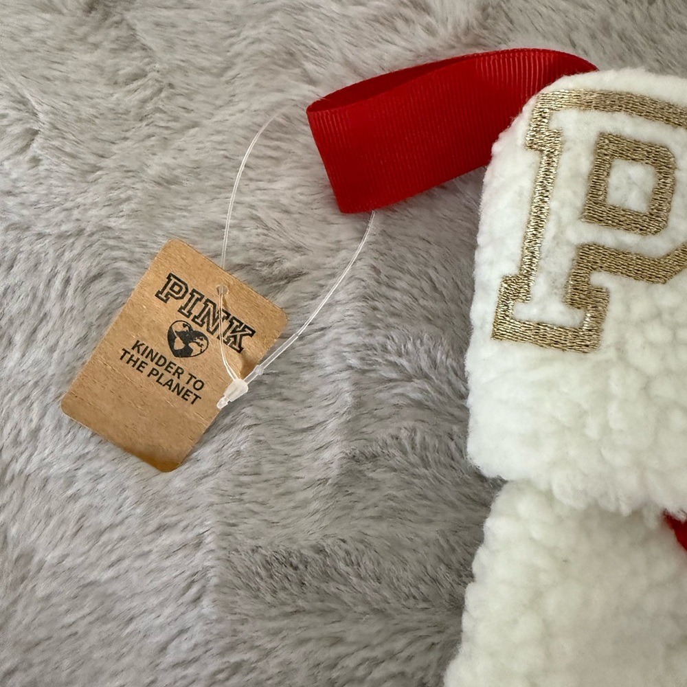 PINK Victoria's Secret White Sherpa Stocking with Red Ribbon - Picture 2 of 5